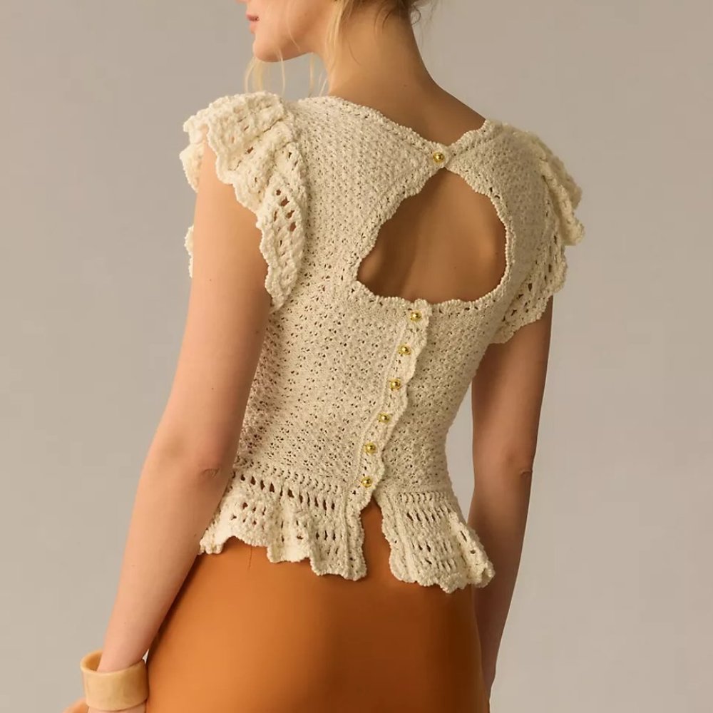 By Anthropologie Flutter-Sleeve Crochet Sweater Top - Medium - Picture 2 of 11